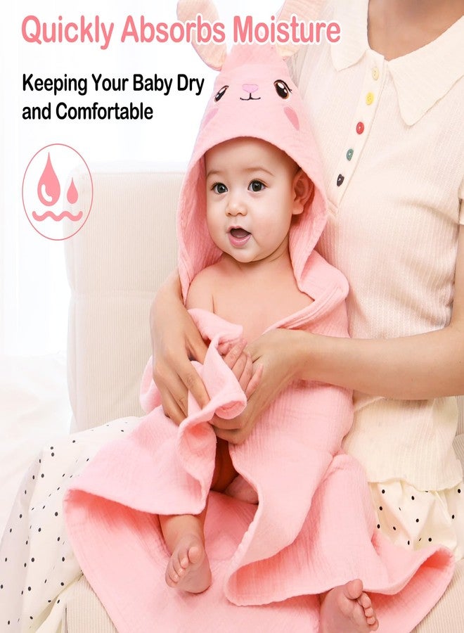 منشفتان للأطفال بغطاء رأس بتصميم قلعة وحيد القرن، مصنوعتان من الموسلين بنسبة 100%، مناشف استحمام للأطفال حديثي الولادة بتصميم حيواني، فائقة النعومة، مقاس 30 × 30 بوصة، لون أرنب وردي - بيج - Image 3